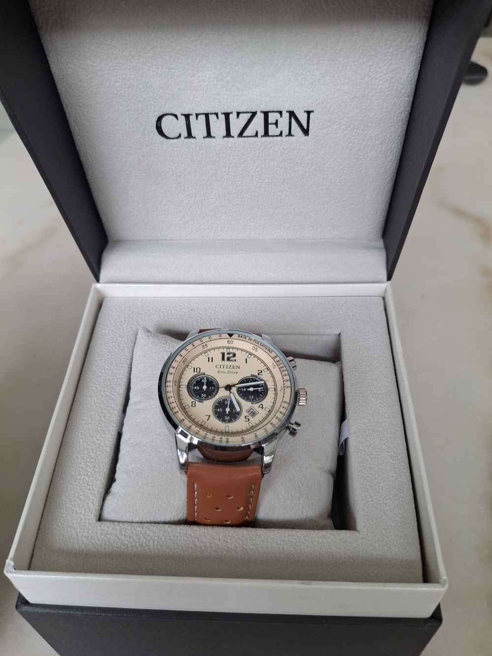 Citizen Chronograph Watch in Cream Dial with Brown Leather Strap